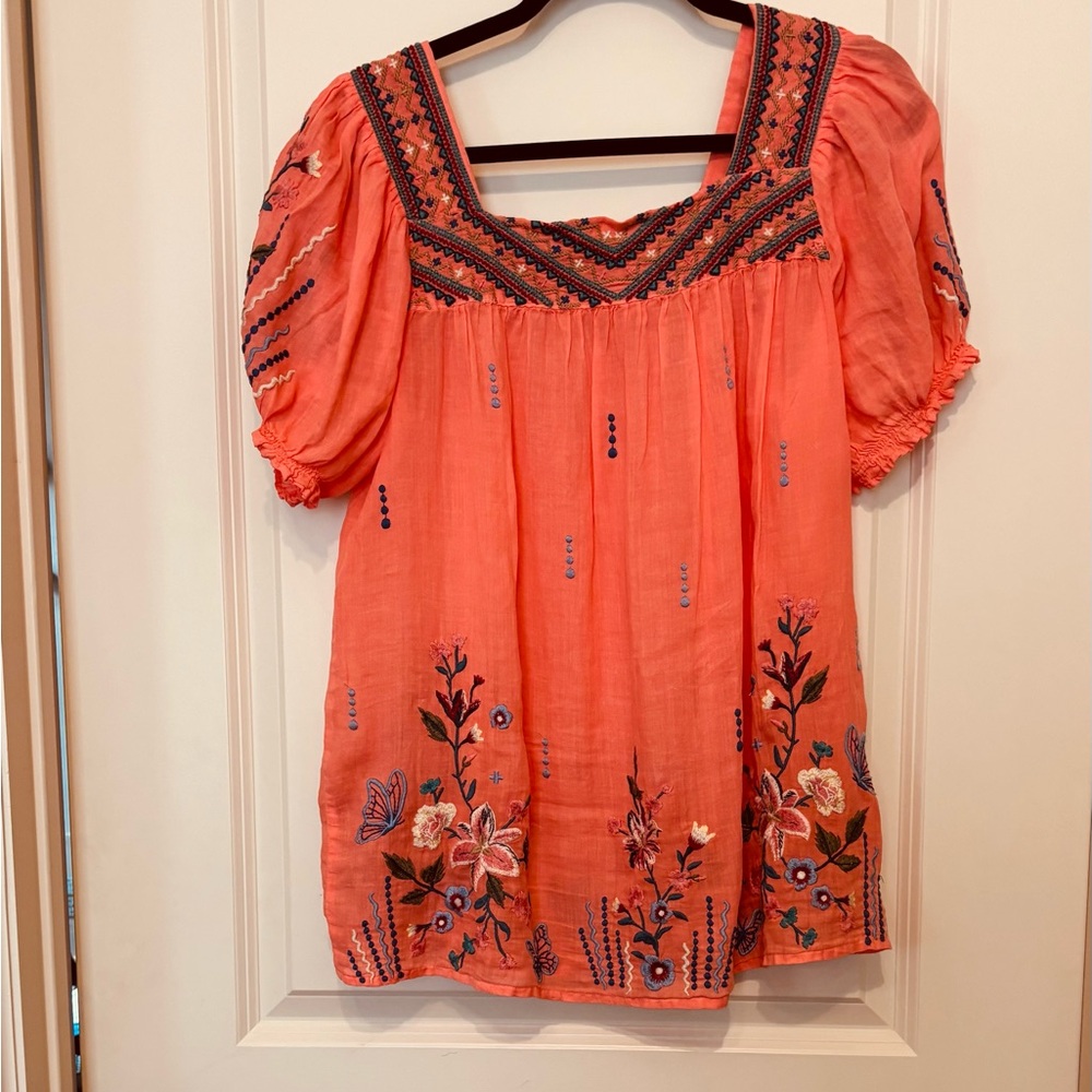 Johnny Was Coral Embroidered Blouse
